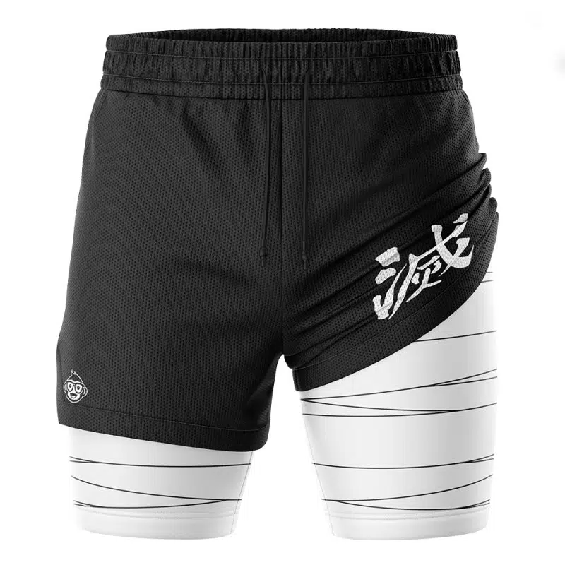 The Hashira Demon Slayer Performance Shorts feature a layered black design with white inner shorts adorned with black stripes, white Japanese kanji on the right side, and a small logo on the lower left.