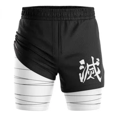 The Hashira Demon Slayer Performance Shorts are black and white with Japanese kanji on the right leg, a wrapped bandage design on the left, and feature an elastic waistband with drawstring.