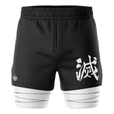 The Hashira Demon Slayer Performance Shorts are black athletic shorts featuring a white Japanese kanji on the left leg, a small logo on the right, and white compression layers underneath with black horizontal stripes.