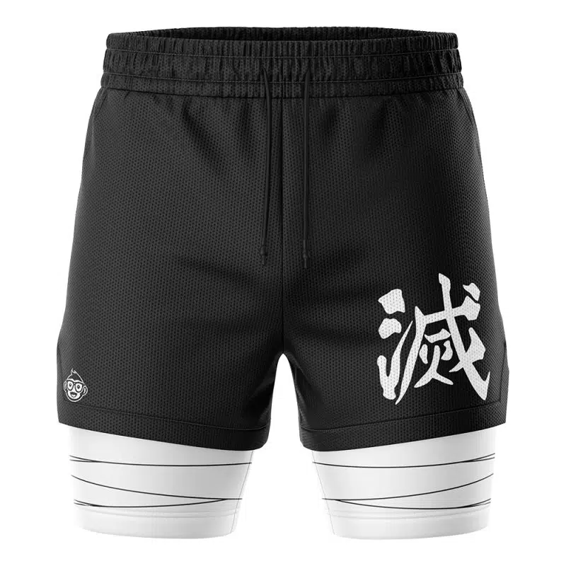 The Hashira Demon Slayer Performance Shorts are black athletic shorts featuring a white Japanese kanji on the left leg, a small logo on the right, and white compression layers underneath with black horizontal stripes.