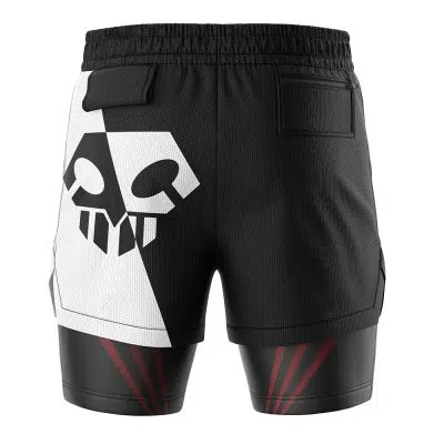 The Ichigo Hollow Mask Bleach 2-in-1 Performance Shorts feature black athletic shorts with a bold white geometric skull design, back welt pockets, and an attached black compression layer with red diagonal stripes.
