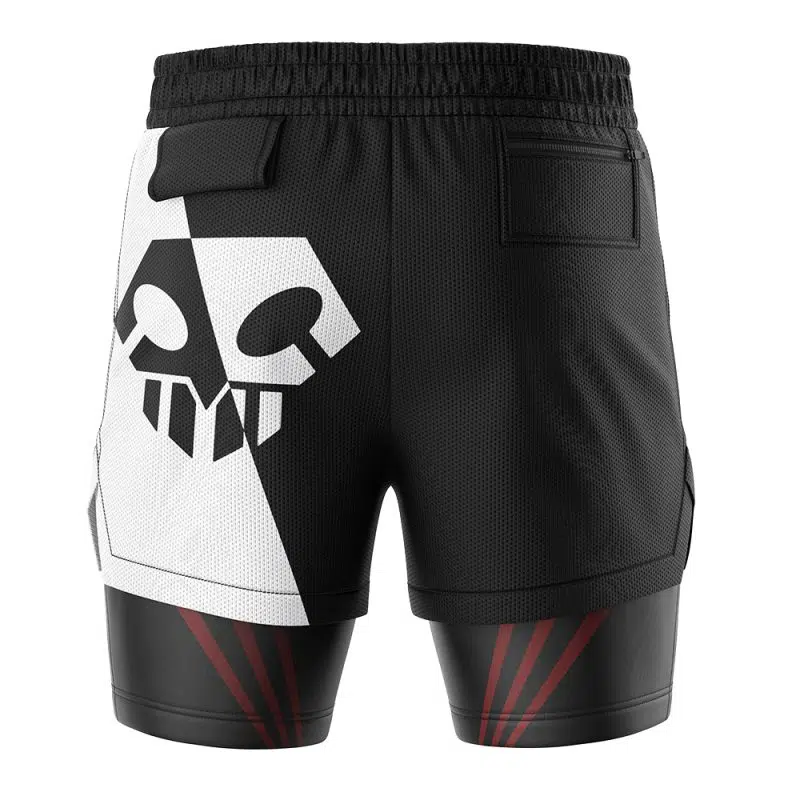 The Ichigo Hollow Mask Bleach 2-in-1 Performance Shorts feature black athletic shorts with a bold white geometric skull design, back welt pockets, and an attached black compression layer with red diagonal stripes.