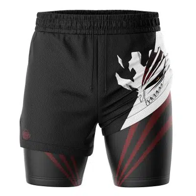 Ichigo Hollow Mask Bleach 2-in-1 Performance Shorts: Black athletic shorts with an abstract white and red dragon-inspired design, sharp yellow eyes, and red rays extending from one leg.