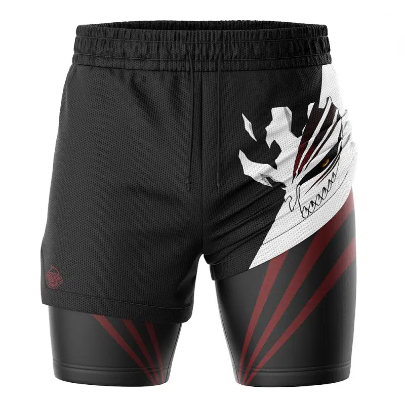 Ichigo Hollow Mask Bleach 2-in-1 Performance Shorts: Black athletic shorts with an abstract white and red dragon-inspired design, sharp yellow eyes, and red rays extending from one leg.