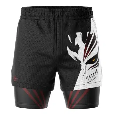 Ichigo Hollow Mask Bleach 2-in-1 Performance Shorts—black athletic shorts with a striking white skull with a yellow eye on one leg and undershorts featuring red diagonal stripes.