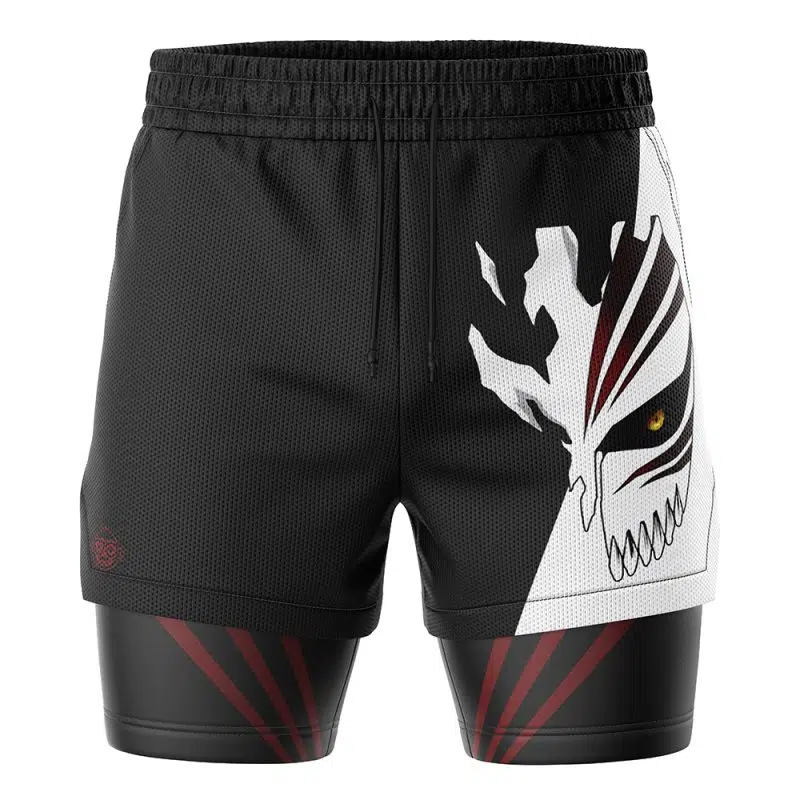 Ichigo Hollow Mask Bleach 2-in-1 Performance Shorts—black athletic shorts with a striking white skull with a yellow eye on one leg and undershorts featuring red diagonal stripes.