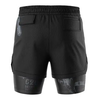Back view of John Silverhand Cyberpunk 2077 2-in-1 Performance Shorts in black with an elastic waistband, two rear pockets, attached compression shorts with a subtle gray graphic, and a blue tag on the left waistband.