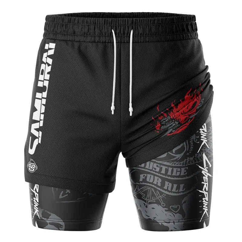 The John Silverhand Cyberpunk 2077 2-in-1 Performance Shorts are black athletic shorts with white drawstrings, bold SAMURAI text and a red flaming skull on one leg, plus white and gray Cyberpunk graphics including JUSTICE FOR ALL.