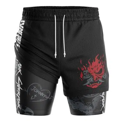 The John Silverhand Cyberpunk 2077 2-in-1 Performance Shorts feature a layered black design: the outer layer has a large red flaming skull and white text, while the inner layer displays graffiti-style writing and symbols in white and gray.