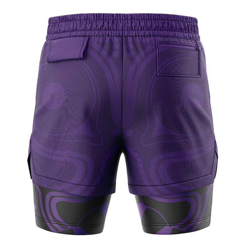 The Majoras Mask Legend of Zelda 2-in-1 Performance Shorts feature a deep purple base with abstract patterns, black side panels, layered black and purple compression shorts, two back pockets (one with a flap), and an elastic waistband.