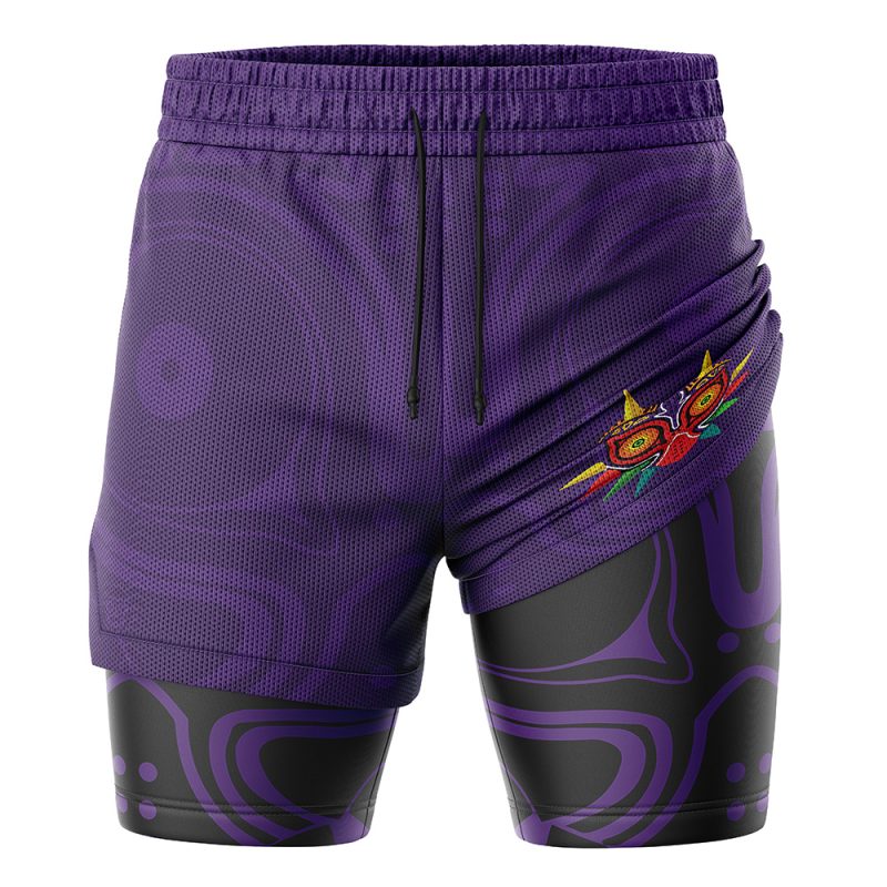 Majoras Mask Legend of Zelda 2-in-1 Performance Shorts feature a layered black and purple design with a drawstring waist and a Majoras Mask graphic on the right side.