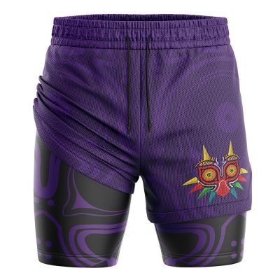 Majoras Mask Legend of Zelda 2-in-1 Performance Shorts feature a layered design, drawstring waistband, abstract pattern, and colorful Majora’s Mask graphic from The Legend of Zelda on one leg.