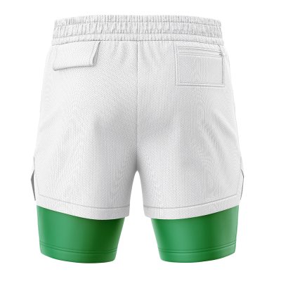 Back view of Praise the Sun Dark Souls Performance Shorts in white mesh, featuring an elastic waistband, two back pockets, and green compression shorts visible below the hems.