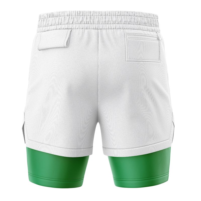 Back view of Praise the Sun Dark Souls Performance Shorts in white mesh, featuring an elastic waistband, two back pockets, and green compression shorts visible below the hems.