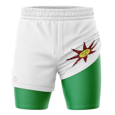 The Praise the Sun Dark Souls Performance Shorts are white athletic shorts with a green compression lining and a red-yellow sun emblem on the right hip, finished with an elastic waistband and drawstrings.