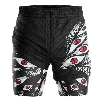 The Pride Fullmetal Alchemist 2-in-1 Performance Shorts are black athletic shorts with a bold, abstract pattern of stylized eyes with red irises and white outlines across the front and sides.