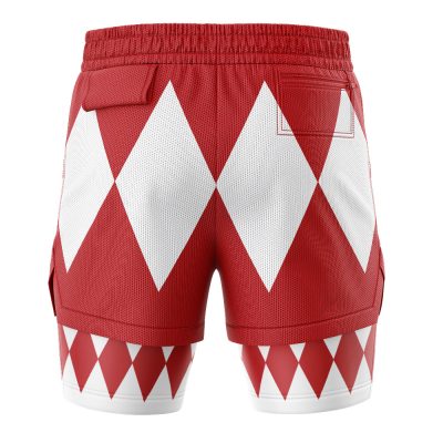 The Red Ranger V1 Mighty Morphin Power Rangers 2-in-1 Performance Shorts feature a red design with large white diamonds on the back, smaller diamonds on the lower legs, an elastic waistband, and convenient pockets.