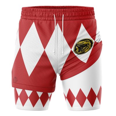 Red Ranger V1 Mighty Morphin Power Rangers 2-in-1 Performance Shorts: red and white mesh athletic shorts with diamond pattern, gold dinosaur coin emblem on the right side, and drawstring waistband.
