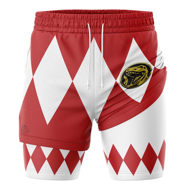 Red Ranger V1 Mighty Morphin Power Rangers 2-in-1 Performance Shorts: red and white mesh athletic shorts with diamond pattern, gold dinosaur coin emblem on the right side, and drawstring waistband.