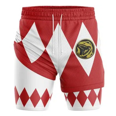 Red Ranger V1 Mighty Morphin Power Rangers 2-in-1 Performance Shorts feature red and white diamond patterns with a yellow dinosaur emblem, inspired by the classic Power Rangers costume design.