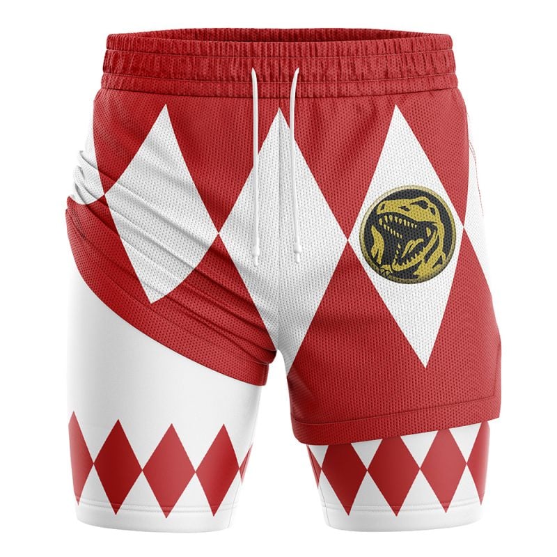 Red Ranger V1 Mighty Morphin Power Rangers 2-in-1 Performance Shorts feature red and white diamond patterns with a yellow dinosaur emblem, inspired by the classic Power Rangers costume design.