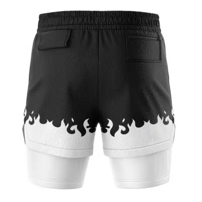 The Sage of Six Paths Shippuden 2-in-1 Performance Shorts feature black athletic fabric with a white lower section, a black flame border, an elastic waistband, a flap back pocket on the left, and a zippered pocket on the right.