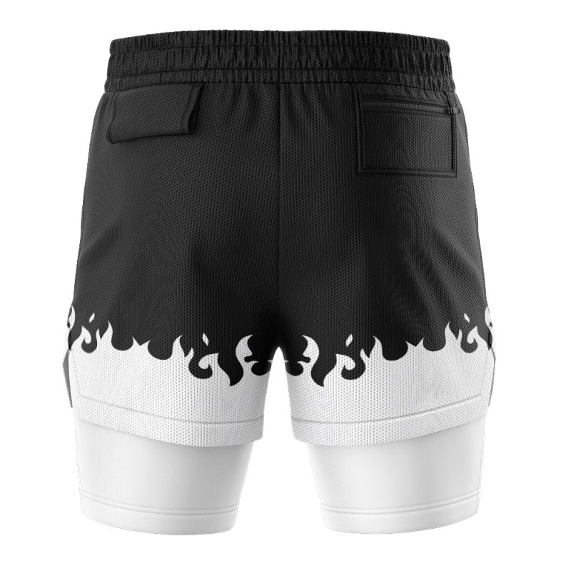 The Sage of Six Paths Shippuden 2-in-1 Performance Shorts feature black athletic fabric with a white lower section, a black flame border, an elastic waistband, a flap back pocket on the left, and a zippered pocket on the right.