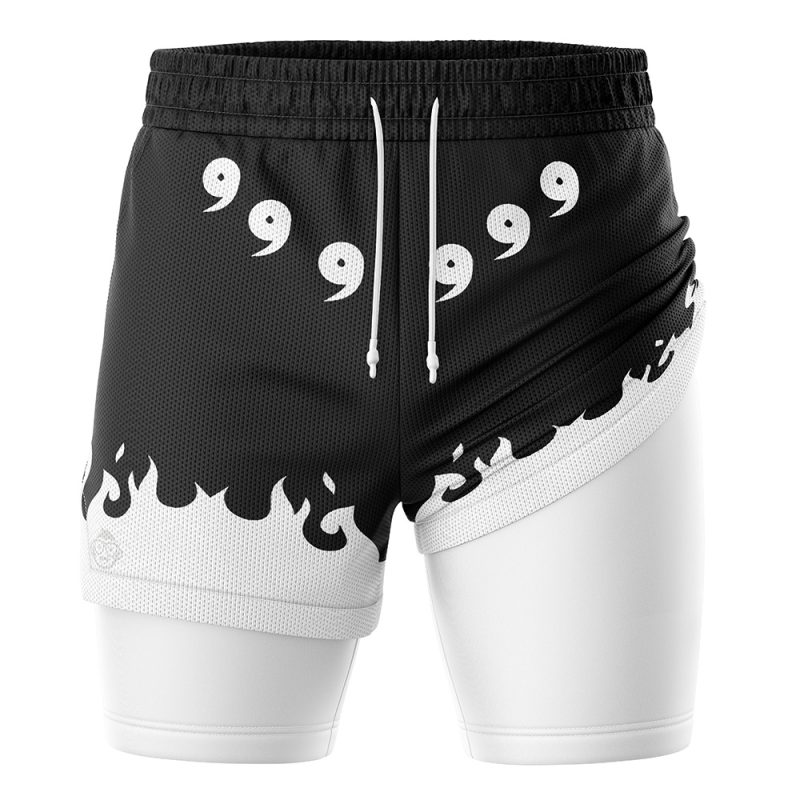 Sage of Six Paths Shippuden 2-in-1 Performance Shorts: Black shorts feature white flame accents at the hem, a row of white comma symbols on the front, an inner white compression layer, and a drawstring waistband for comfort.
