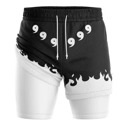 The Sage of Six Paths Shippuden 2-in-1 Performance Shorts feature a black and white wavy flame hem, a row of five white quotation marks above the design, and visible front white drawstrings.