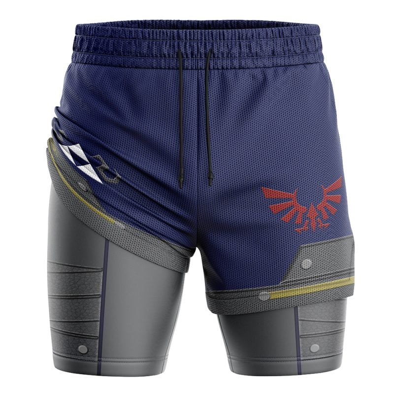 Shield Style Legend of Zelda 2-in-1 Performance Shorts: Navy blue athletic shorts with a drawstring, red winged emblem, gray and black armor-like thigh patterns, and yellow accents inspired by fantasy video game designs.