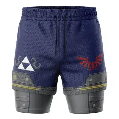 Shield Style Legend of Zelda 2-in-1 Performance Shorts in navy blue, with a white Triforce on one leg, a red Hylian crest on the other, and gray armor-like patterns plus yellow accents near the hem.