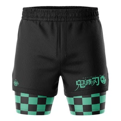 Tanjiro Kamado Demon Slayer Performance Shorts: Black athletic shorts with a drawstring waist, green Japanese text and mask graphic on the right leg, plus a black and green checkerboard underlayer on both legs.