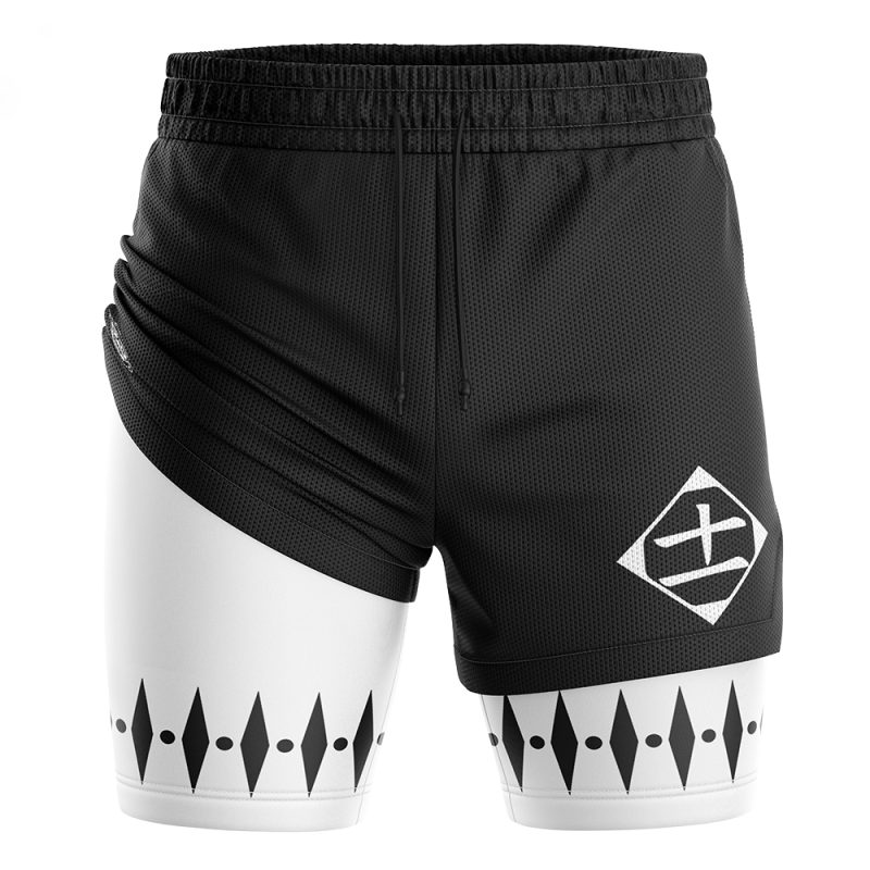 The Zaraki Kenpachi Bleach 2-in-1 Performance Shorts are black and white with a geometric diamond pattern on the lower legs, a white diamond-shaped emblem on the right thigh, plus an elastic waistband and drawstring.