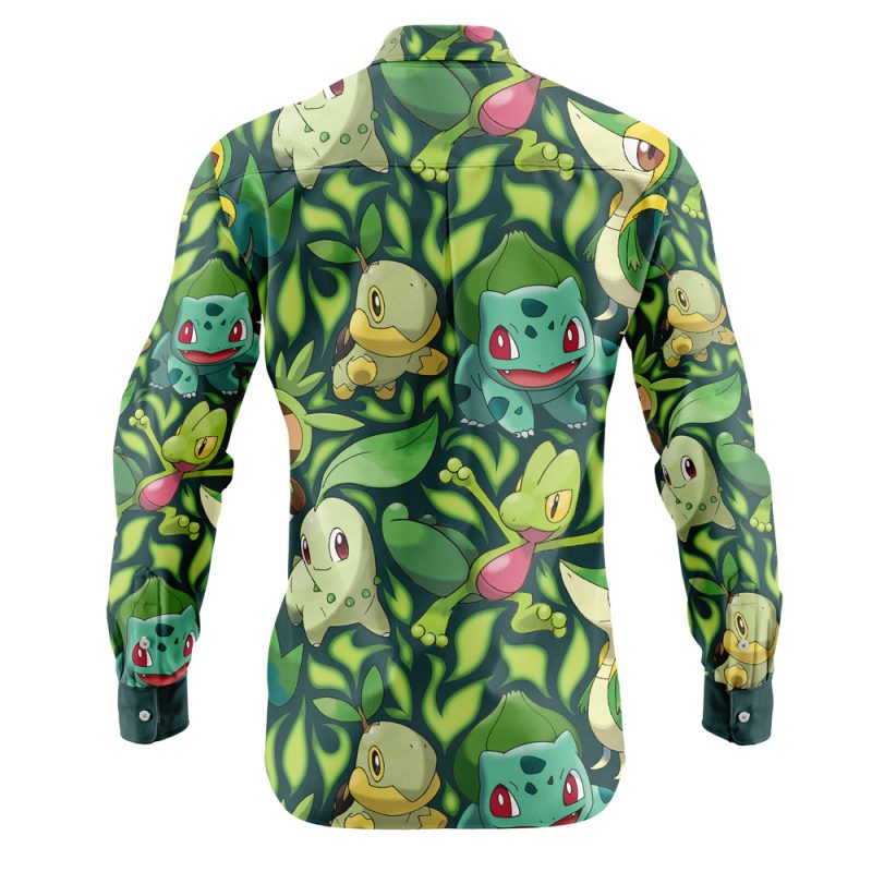 Grass Type Starters Pokemon Long Sleeve Button Up Shirt - Image 2
