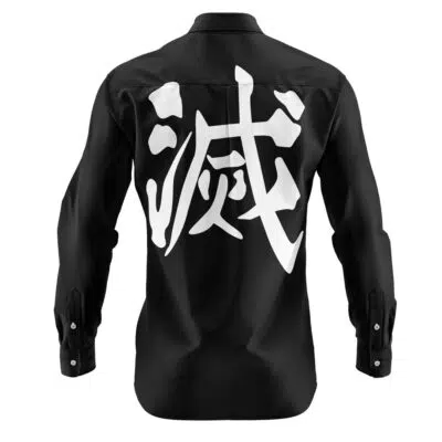 A black Hashira Uniform Demon Slayer long sleeve button up shirt with a large, bold white kanji printed across the upper back.