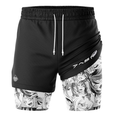 Ahegao Manga 2-in-1 Performance Shorts: one half is solid black with white drawstrings and Japanese text, the other features black-and-white manga-style anime faces for a unique athletic look.