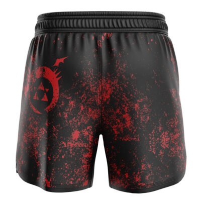 Transmutation Circle Fullmetal Alchemist BJJ MMA Fight Shorts feature a black base with red splatter, a circular emblem of three triangles on the left leg, an elastic waistband, and a slightly shiny finish.