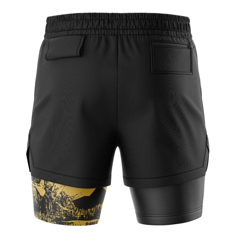 The Black Clover 2-in-1 Performance Shorts feature a breathable, textured fabric, elastic waistband, two back pockets, and layered black and yellow graphic compression shorts visible on the left side.