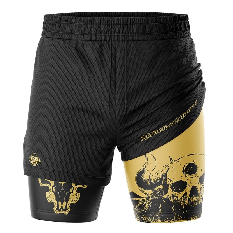 The Black Clover 2-in-1 Performance Shorts feature a layered design with gold skull and bull graphics on the inner layer, Black Clover text on the right, an elastic waistband, and a small logo on the left leg.