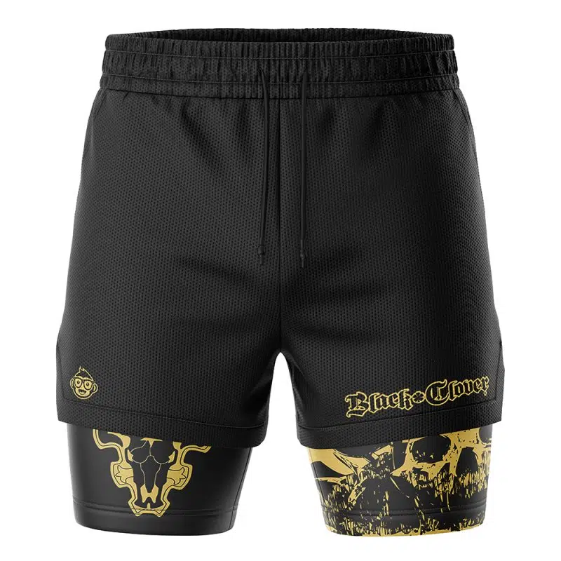 Black Clover 2-in-1 Performance Shorts feature black athletic fabric, an elastic waistband, a mesh texture, gold bull skull and abstract gold patterns on the inner compression layer, and Black Clover written in gold on the right leg.