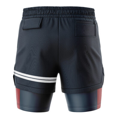 Back view of Captain America Marvel Comics 2-in-1 Performance Shorts: dark mesh athletic shorts with two back pockets, white side stripes, and red and navy compression shorts underneath.