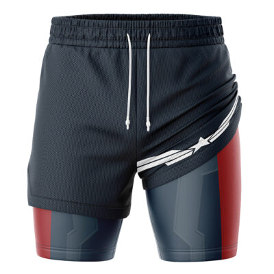 The Captain America Marvel Comics 2-in-1 Performance Shorts feature navy blue athletic shorts with a white drawstring layered over red, blue, and gray compression shorts, showcasing a white star and stripe design on the right leg.
