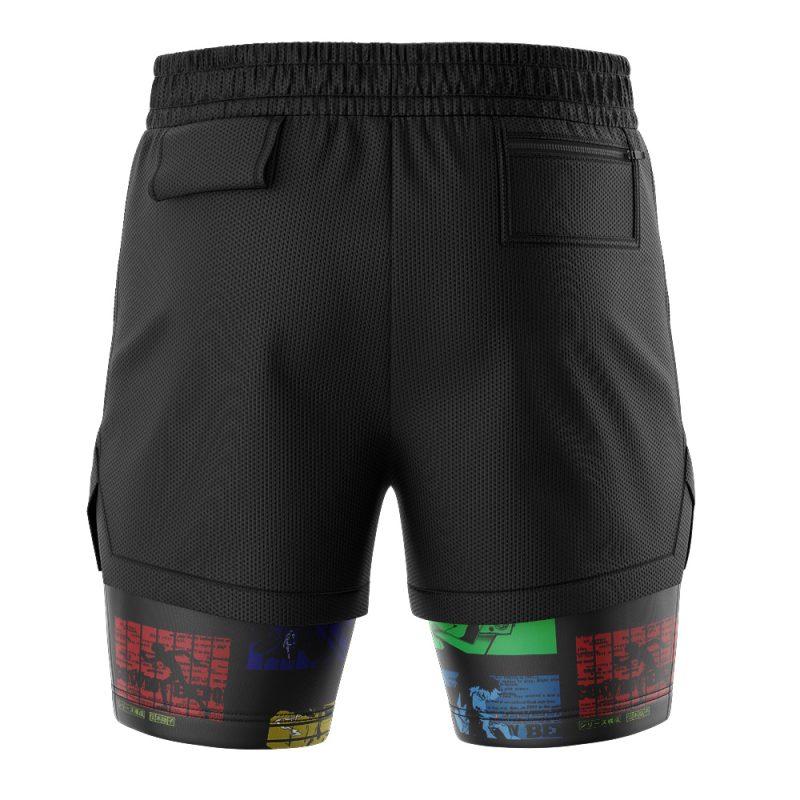 The Cowboy Bebop 2-in-1 Performance Shorts are black athletic mesh shorts with colorful red, blue, yellow, and green graphic panels at the bottom of each leg, back pockets with flaps, shown from the back.