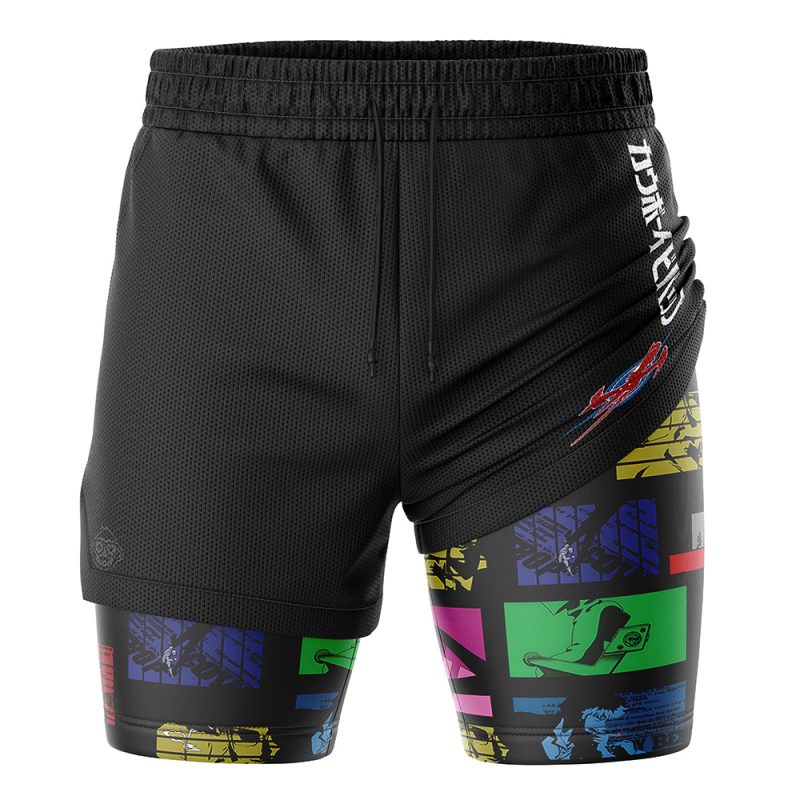 The Cowboy Bebop 2-in-1 Performance Shorts feature a black mesh outer layer with white text and a red and blue side graphic, plus an inner layer displaying colorful, abstract rectangular patterns for a bold athletic look.