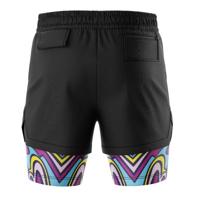 The Cream of the Crop Trippy Randy Savage 2-in-1 Performance Shorts feature a mesh texture, two back pockets, and a vibrant abstract heart pattern in yellow, purple, pink, and blue on the lower back portion. Viewed from the rear.