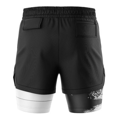 Cubone and the Ghosts Pokemon 2-in-1 Performance Shorts shown from the back, with a right-side pocket, mesh-like fabric, and a white-and-black graphic on the lower left leg.