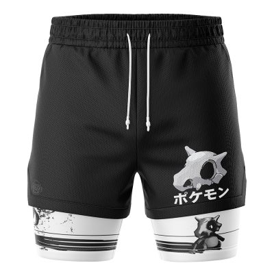 The Cubone and the Ghosts Pokemon 2-in-1 Performance Shorts are black athletic shorts with white drawstrings, featuring a Cubone graphic with Japanese text on one leg and a smaller Cubone image on a white bottom panel.