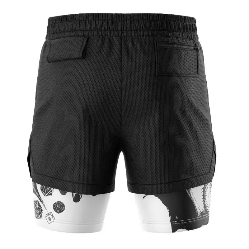 Dungeons & Dragons 2-in-1 Performance Shorts: black athletic shorts with a back pocket and built-in compression shorts featuring a white and black polyhedral dice design on the left leg.