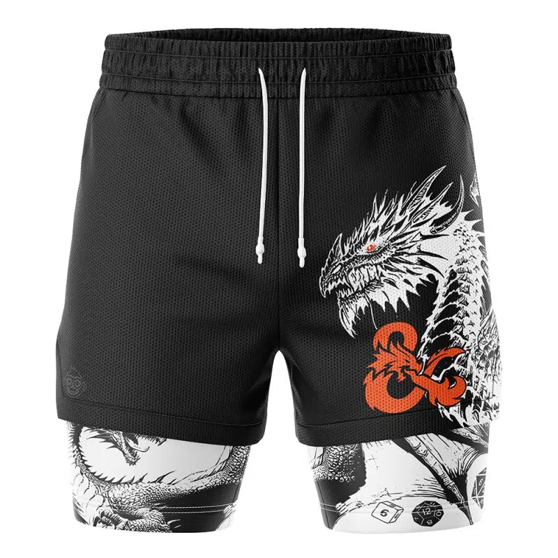 Dungeons & Dragons 2-in-1 Performance Shorts: black athletic shorts with a white dragon graphic, red eyes, and an orange ampersand layered over white compression shorts featuring dragon and dice designs.