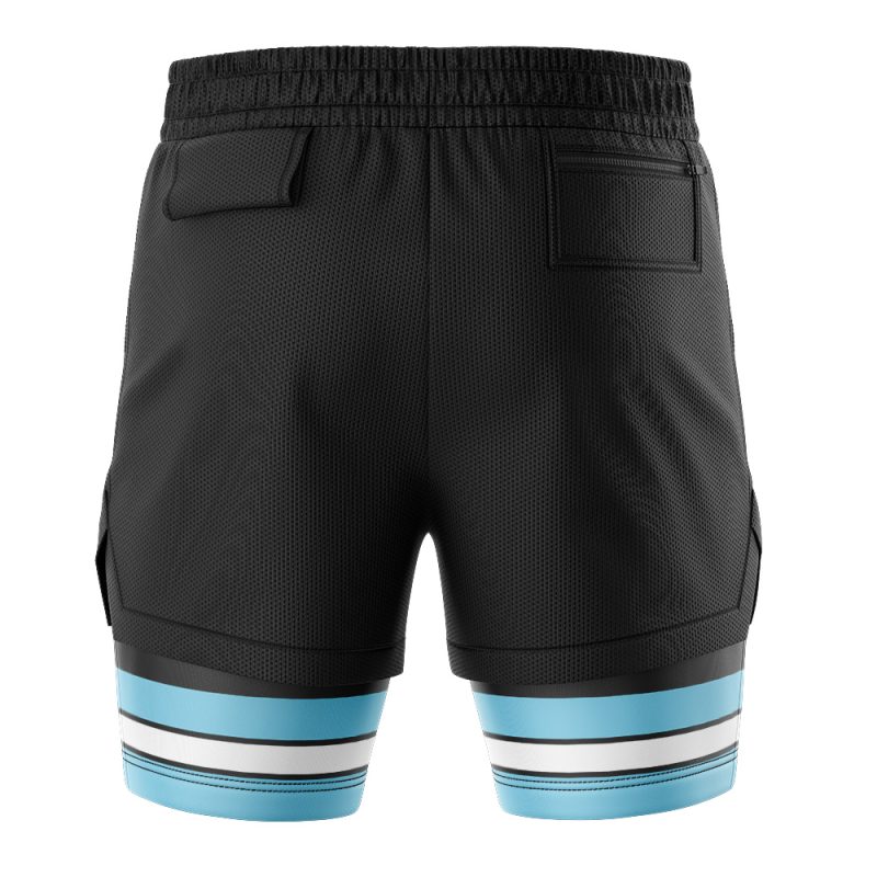 The Company 8 Fire Force 2-in-1 Performance Shorts are black athletic shorts, shown from the back, with two rear pockets and blue, white, and black horizontal stripes by the leg openings. Made from mesh-textured fabric.